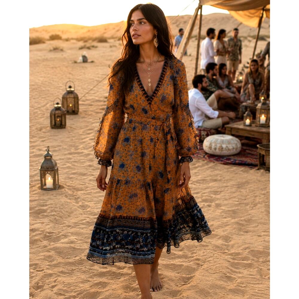 Ulla Johnson XS Silk Long Sleeve Midi Romilly Dress $795 Marigold Bohemian NWT - Picture 3 of 9